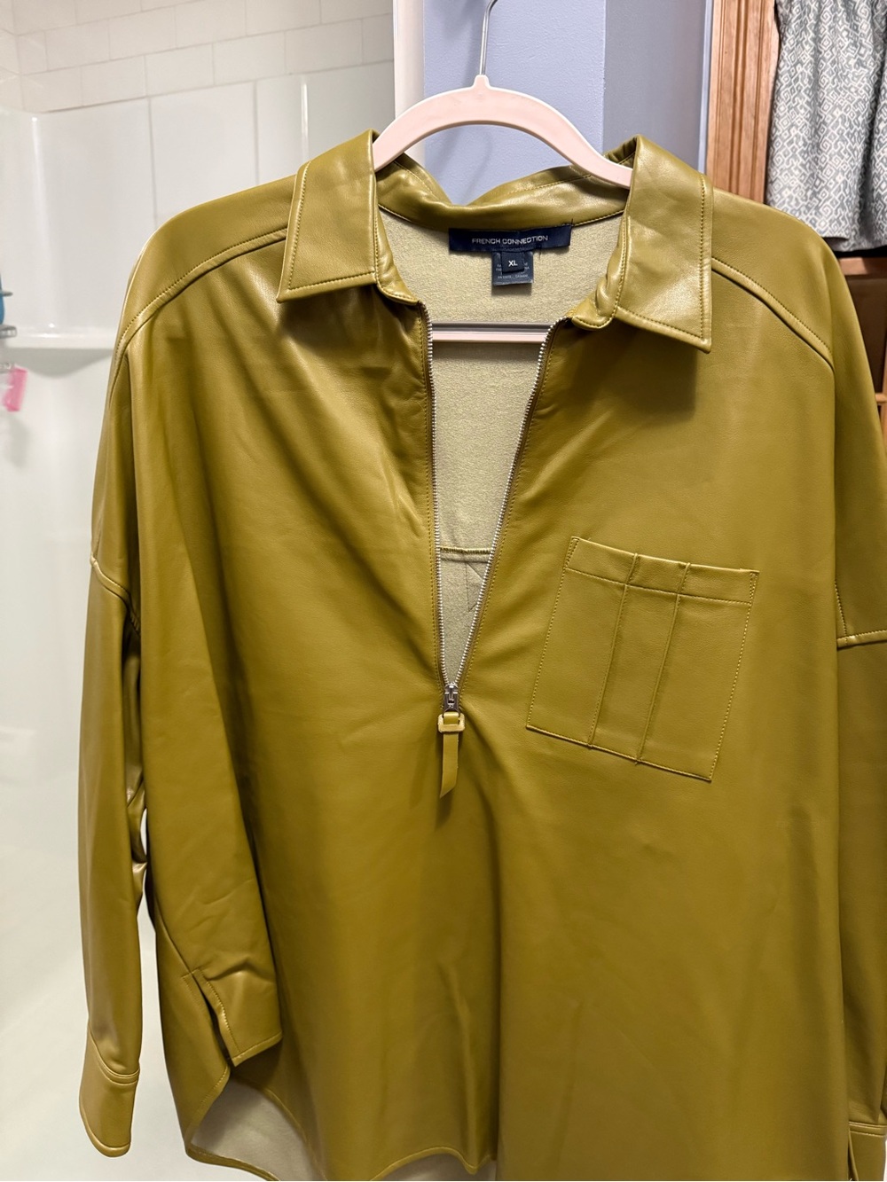 French Connection Olive Zip-Front Faux Leather Shirt